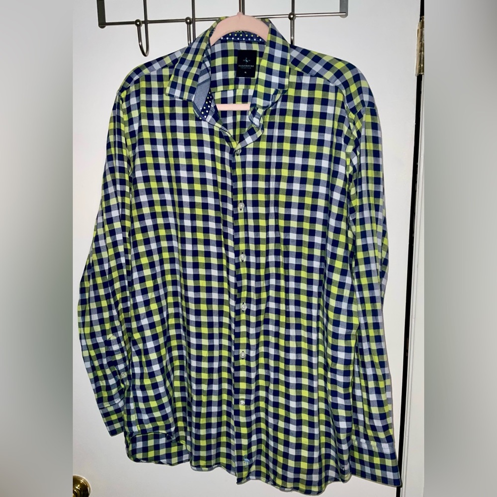 Tailorbyrd Navy & Lime Green Plaid Button Down Shirt - XL EUC
